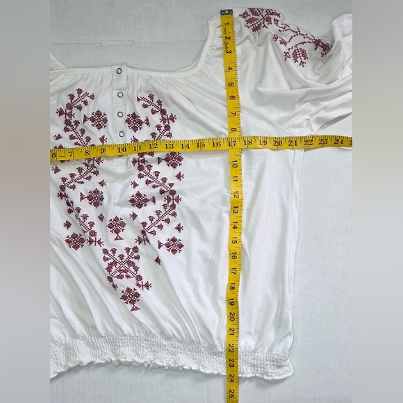 Roper Womens Embroidered Peasant Blouse Size XL White/Burgundy Snap Front - Picture 7 of 7